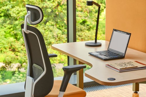 Task chair with upholstered beige seat