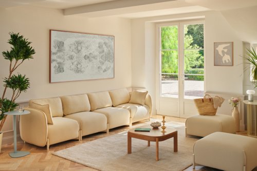 Modular sofa in olive green colour with soft back cushions