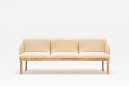 Three-seater sofa with beige upholstery and visible wooden frame